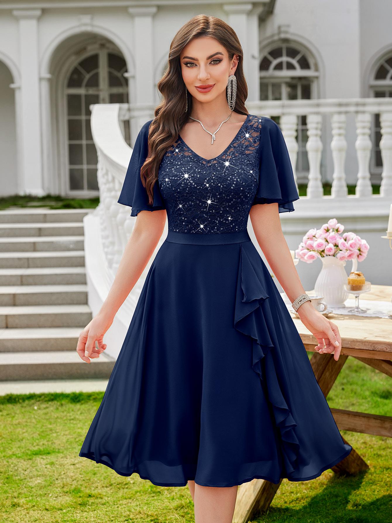 MIUSOL 24235 Women's Sequin Lace V Neck Ruffle Style Chiffon A-line Cocktail Party Dress