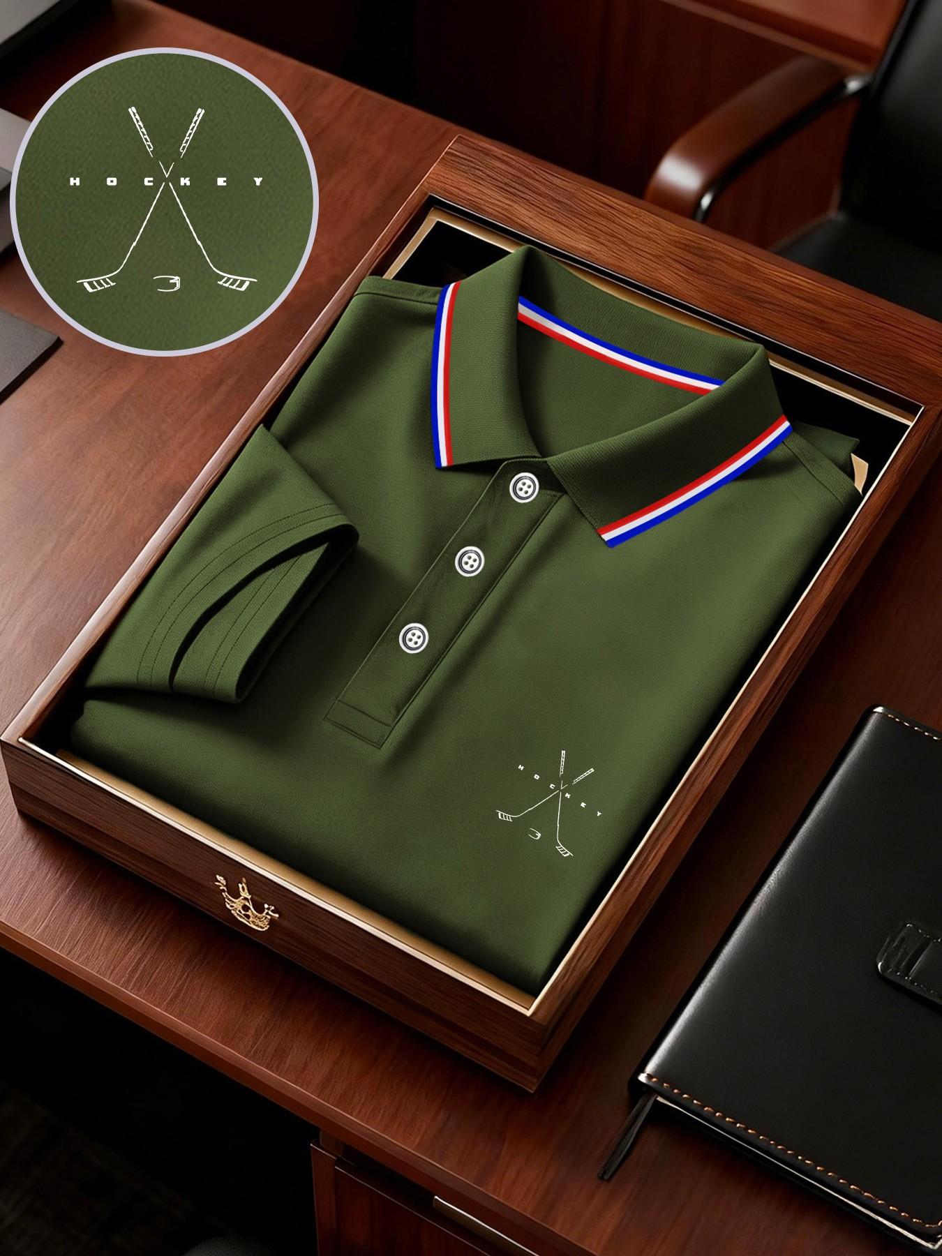 Men's Ice Hockey Print Polo Shirt, Loose-Fit Business T-Shirt, Short Sleeve, Breathable Fabric, Ideal for Outdoor Activities, Gift Option