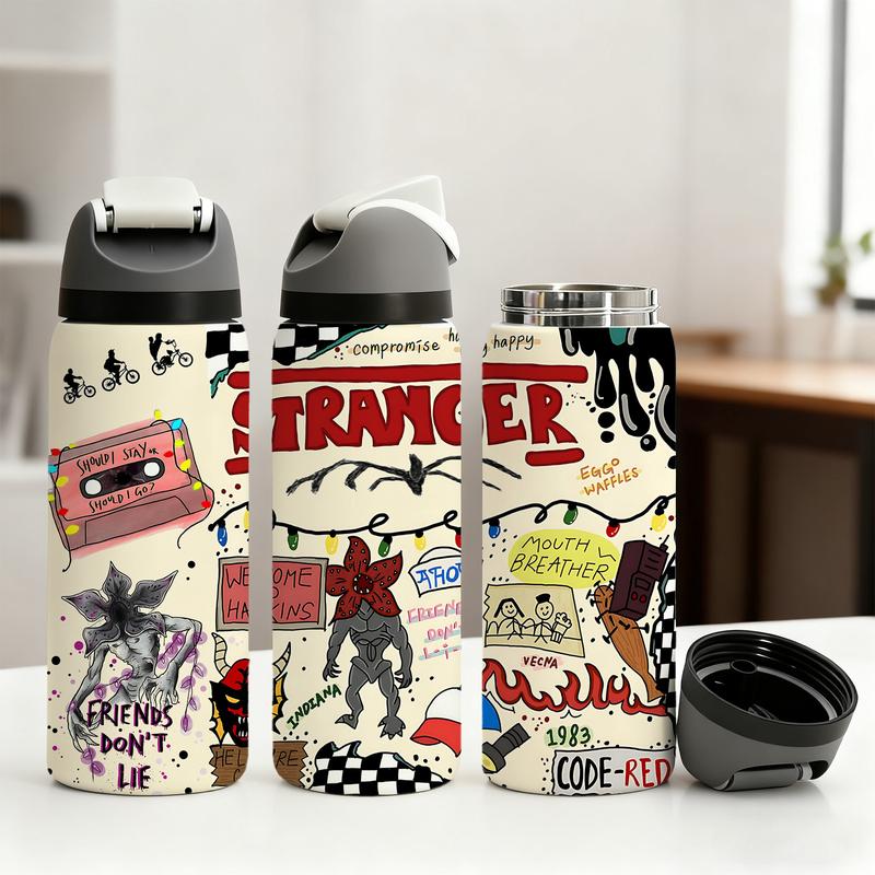 Double-Wall Stainless Steel Vacuum Cup - 19/24/32oz Insulated Mug with Flip Lid, Leak-Proof Skinny Travel Thermal Mug - Retro Horror Graffiti-Print, 12H Hot & 24H Cold Retention - Perfect for Hot & Cold Drinks, Christmas Gift for Men & Women