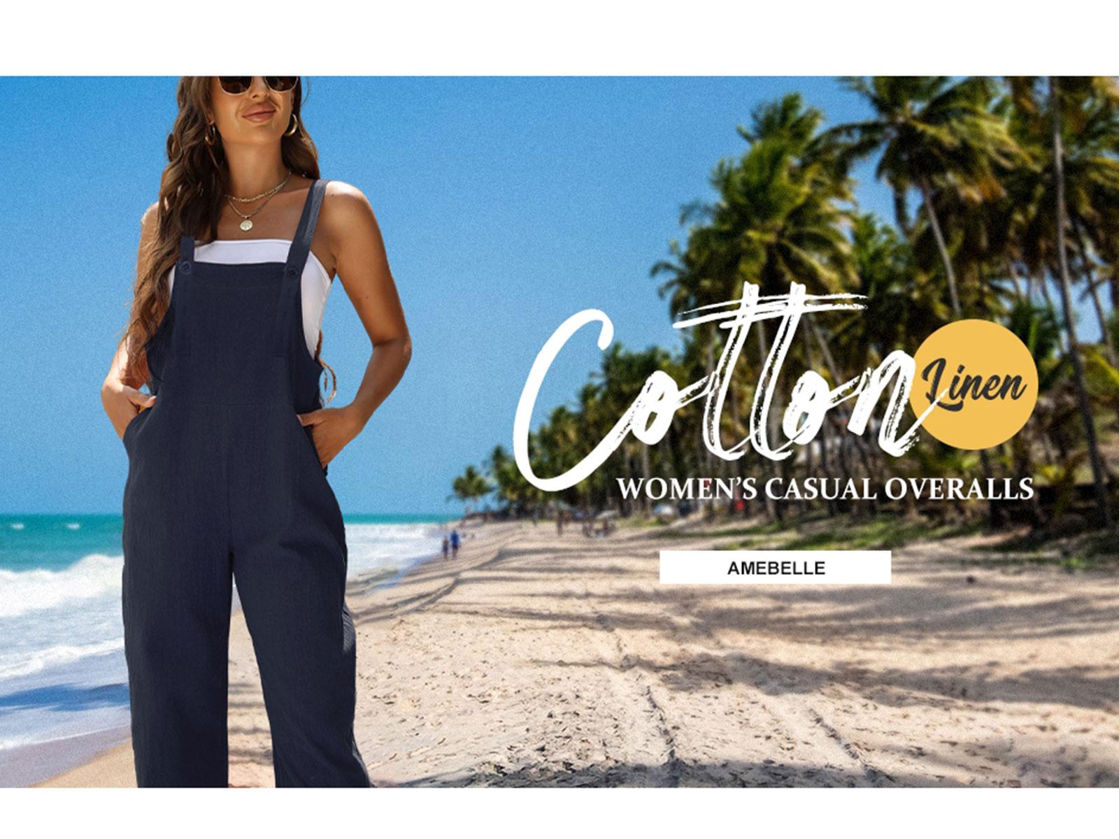 SCUSTY Womens Cotton Baggy Casual Rompers Summer Bib Linen Overalls Jumpsuits with Pockets