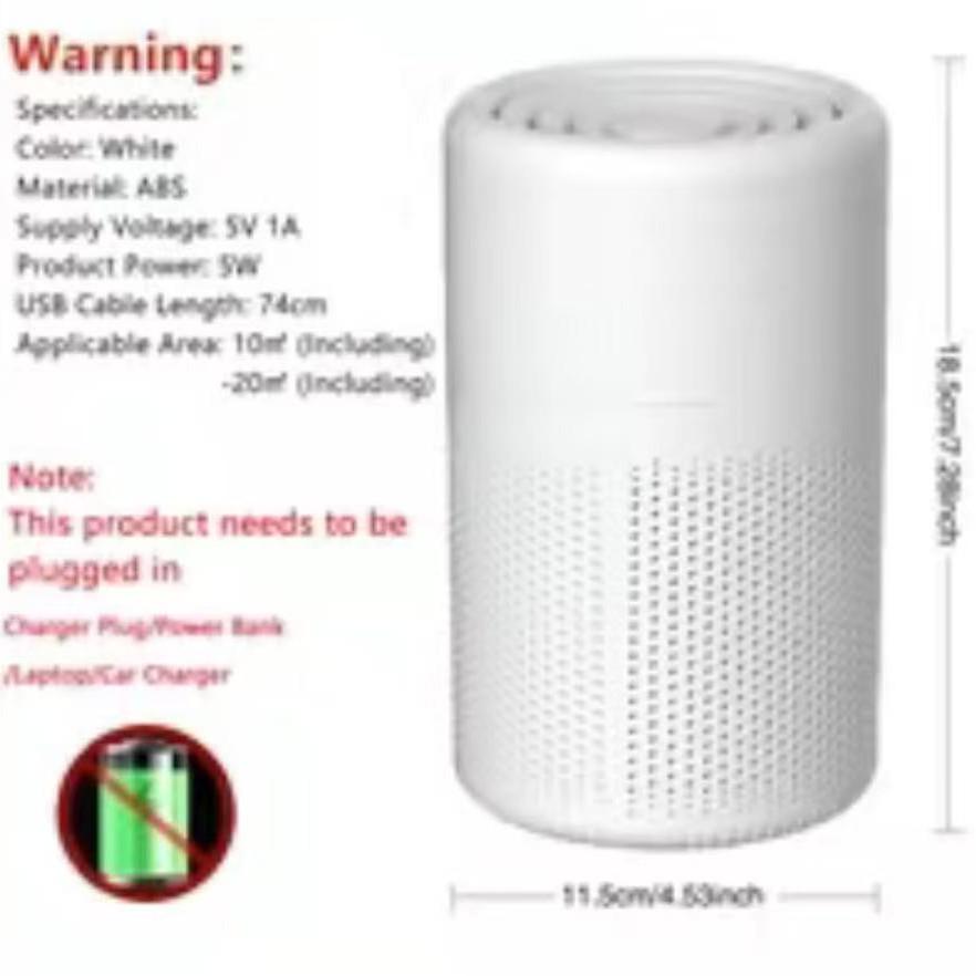 Portable USB Powered Air Purifier with Low Noise, Hepa Filter, Multifunctional Air Cleaner for Home Office Living Room