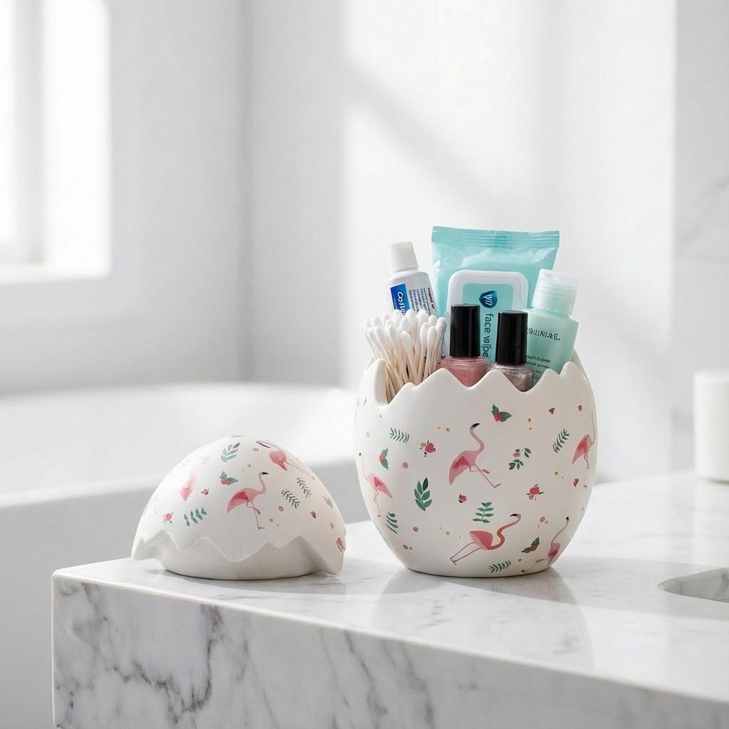 Hand-Painted Ceramic Easter Egg Cookie Jar, Decorative Flamingo Bird Pattern Candy Container, Spring Holiday Kitchen Storage, Home Decoration Gift