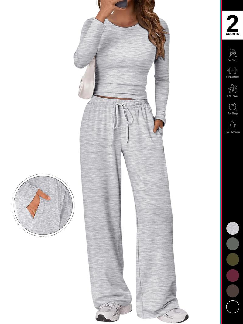 Women's 2 Piece Matching Lounge Set Long Sleeve Slightly Crop Top Wide Leg Pants Casual Sweatsuit 2026