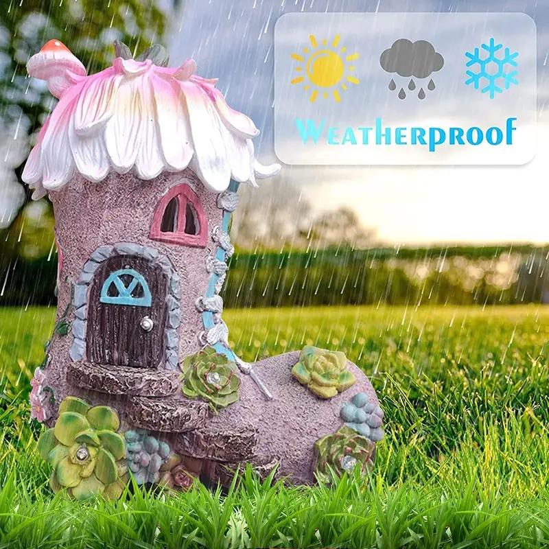 Outdoor Solar Boot House Resin Statue, Colorful Mushrooms, Flowers & Climbing Vine, Fairy Tale Garden Decor, Yard, Balcony, Lawn Ornament