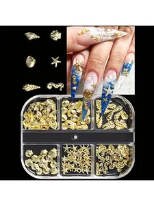 Ocean style nail art accessories - 6-compartment box, including gold shells, starfish, and seahorse patterns, suitable for DIY nail decoration