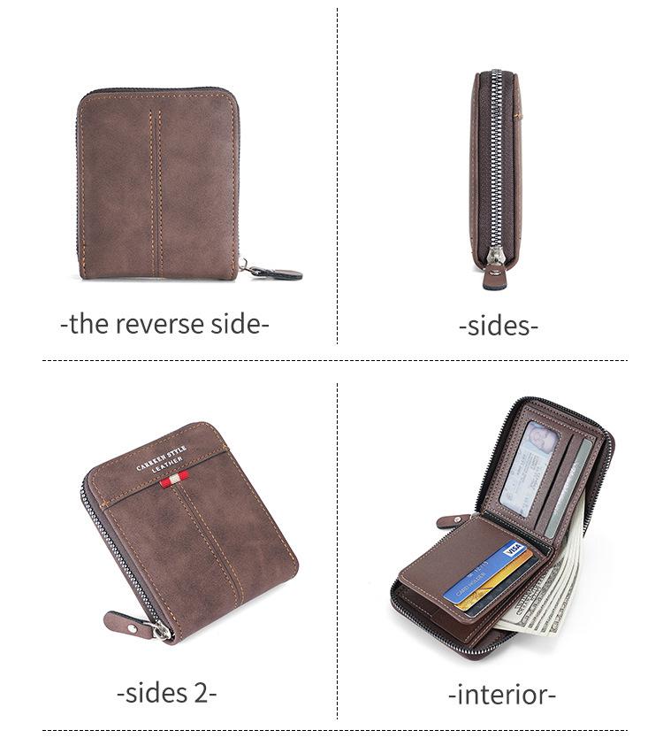 Men's  Zipper Short PU Leather Wallet Woven Tape Spliced Leather Vintage Purse Multifunctional and Multi Card ID Money Bag