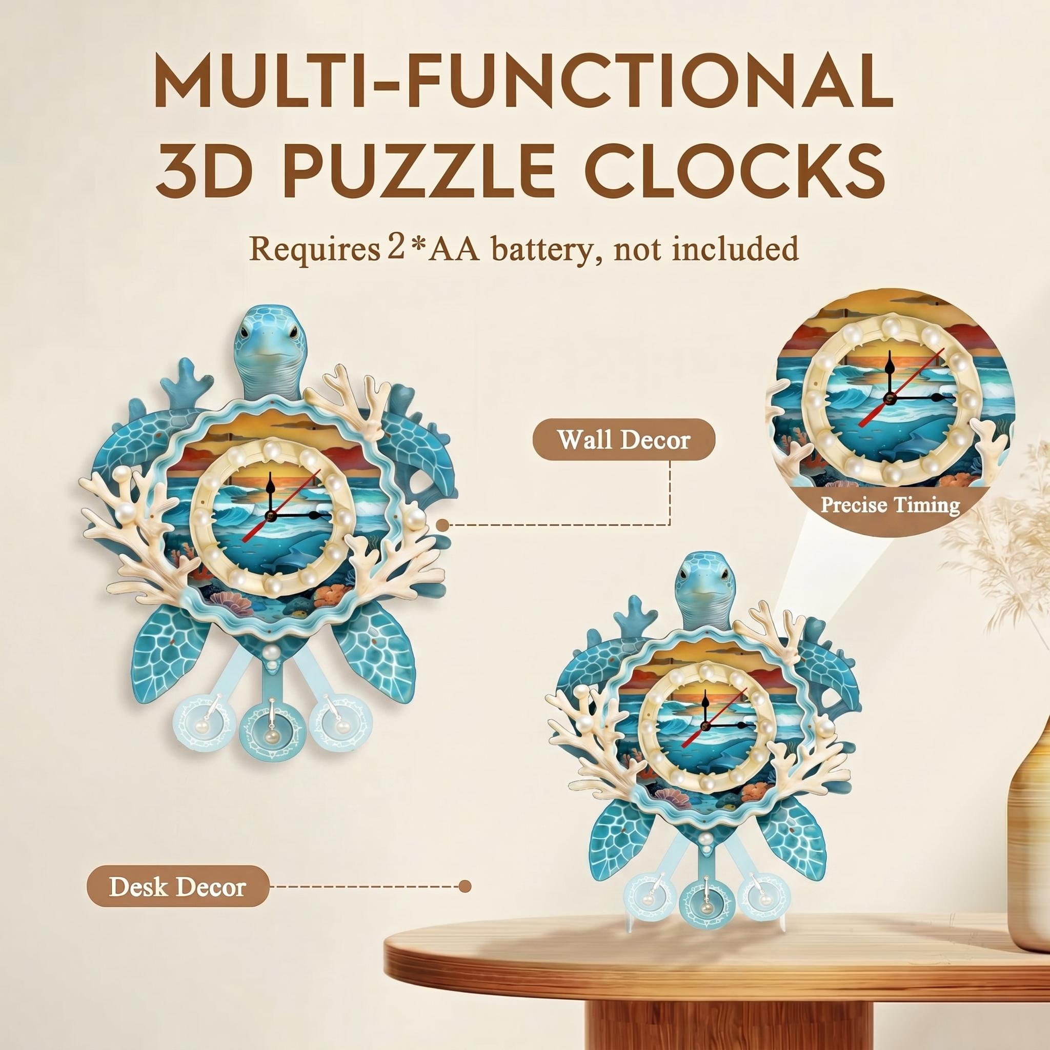 Turtle Adult 3D Wooden Puzzle Wall Clock, DIY Laser Cut Assembly Kit, Home Decor Gift, Unique Family Wall Clock, Men's Birthday Present