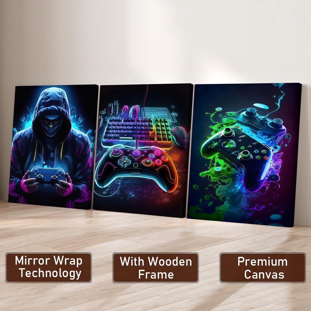 3-Pack Wood Frame Canvas Art, Neon Game Controller Wall Decor, Modern Home Decoration, Waterproof Odorless, Living Room Bedroom Office