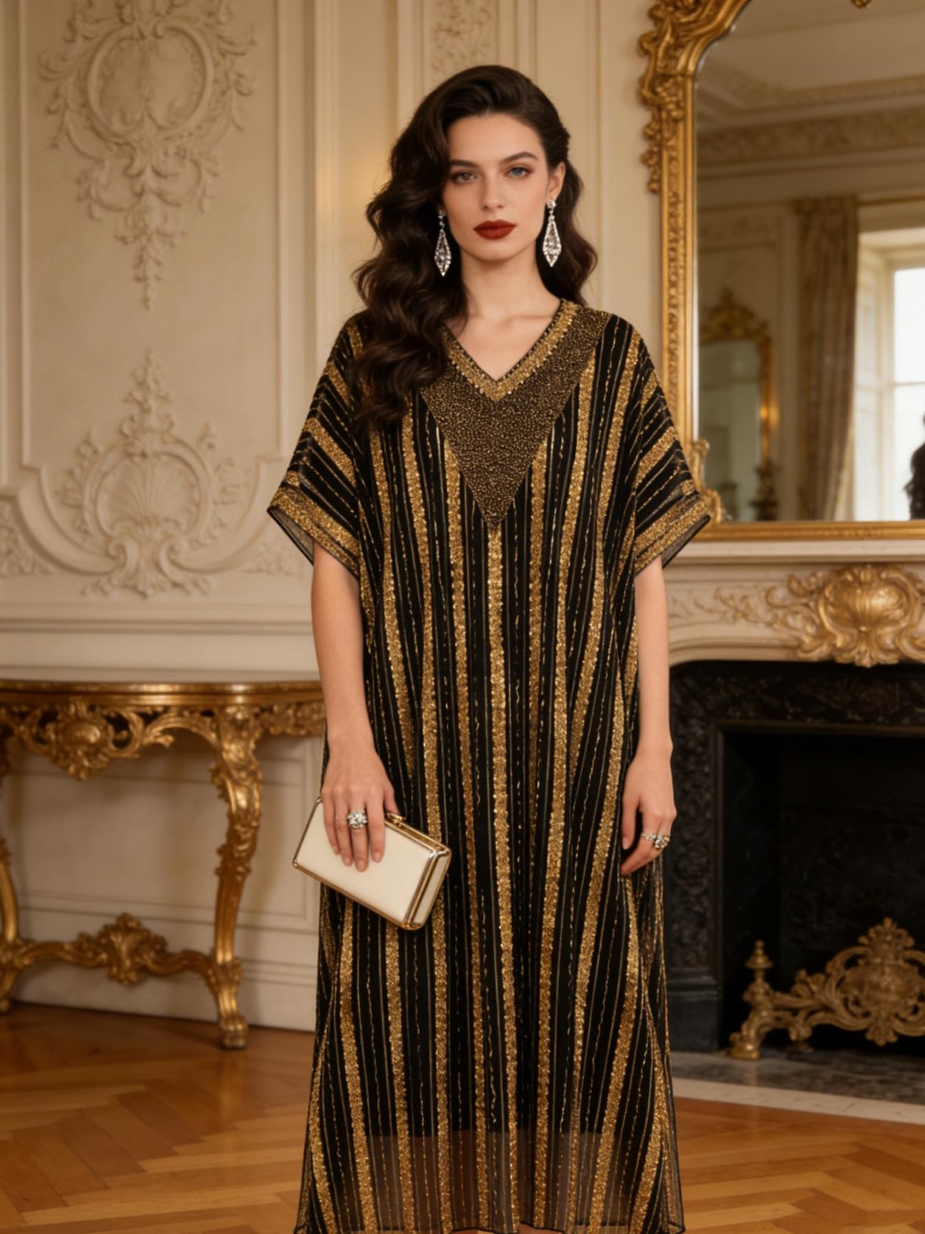 New Muslim Women's Kaftan, Elegant Sequin Mesh Abaya, Batwing Sleeve Cape, V Neck, Spring Summer Fall Evening Dress, Arabic Jellabiya, Moroccan Kaftan