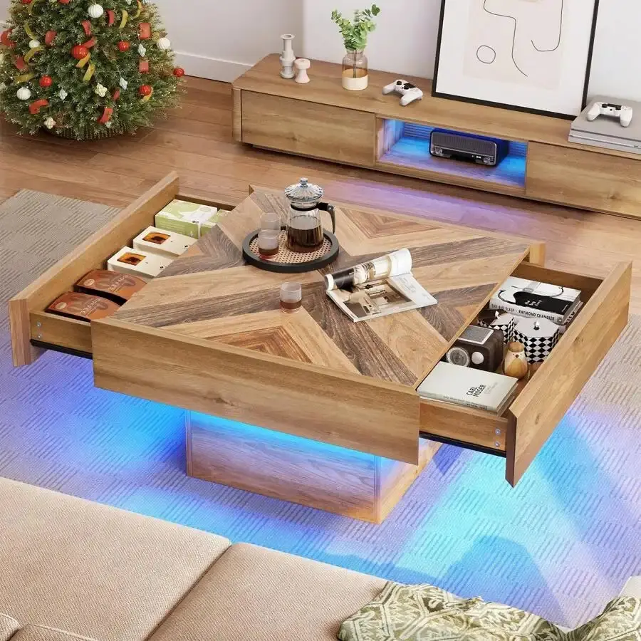 Farmhouse LED Coffee Tables Square Center Table With Storage For Living Room Mobile Standing Desk Wheels Mirrored Console Inlay