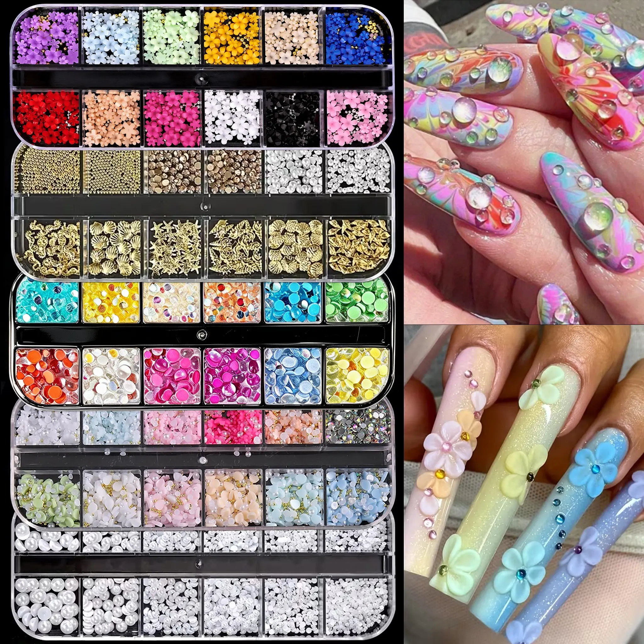 3D Flower Mixed Size Shell & Starfish Metal Nail Decorations, 12-Grid Colorful Acrylic Petal Flower RivetNail Decorations, With Caviar Beads And Flat-Bottom Pearl Rhinestones, Suitable For Nail Art DIY Manicure Decoration Accessories Nail Charms