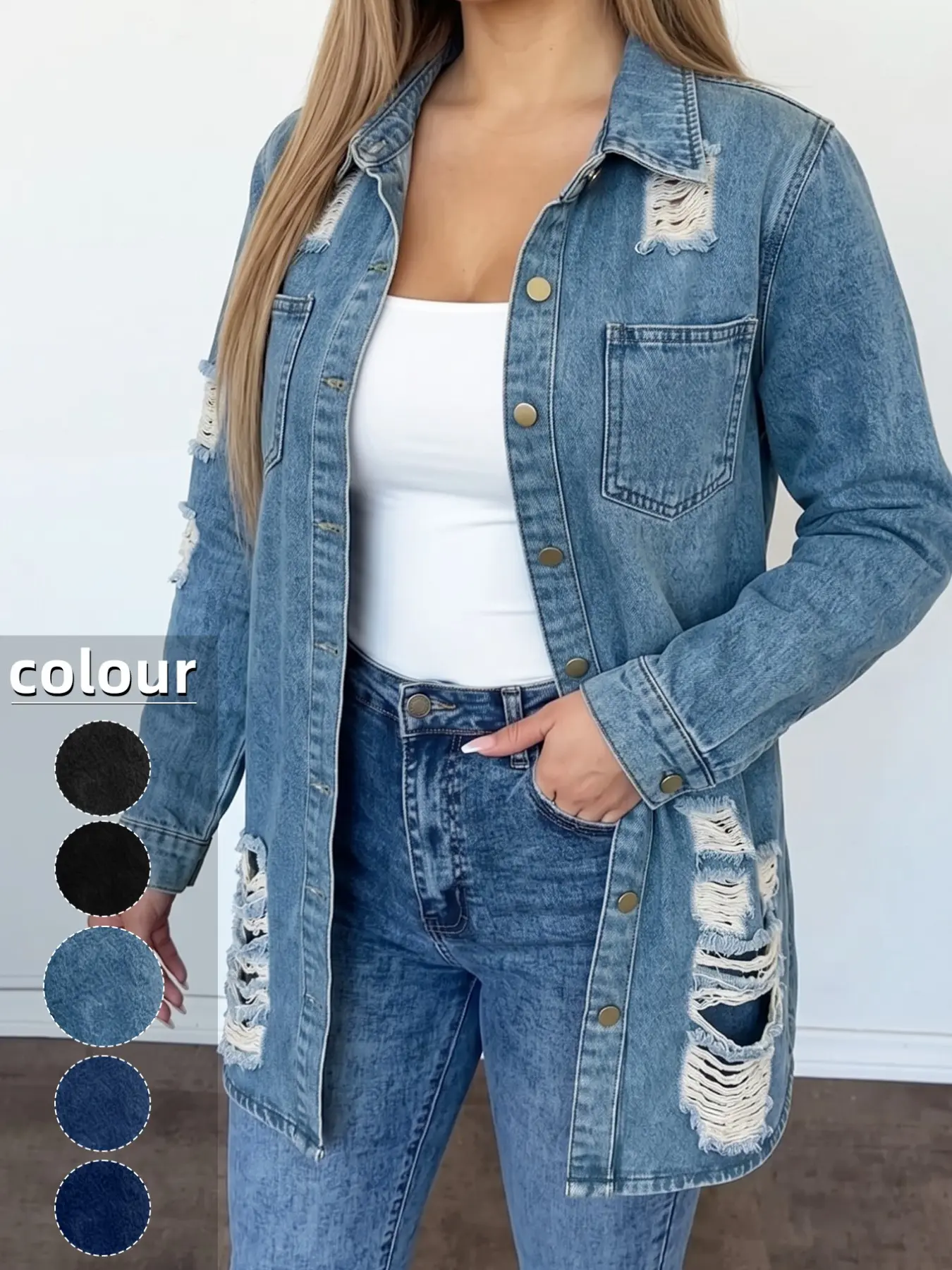 Women's Medium Blue Wash Long Sleeve Denim Jacket, Distressed Ripped Frayed Vintage Style, Casual Longline Jacket for All Seasons