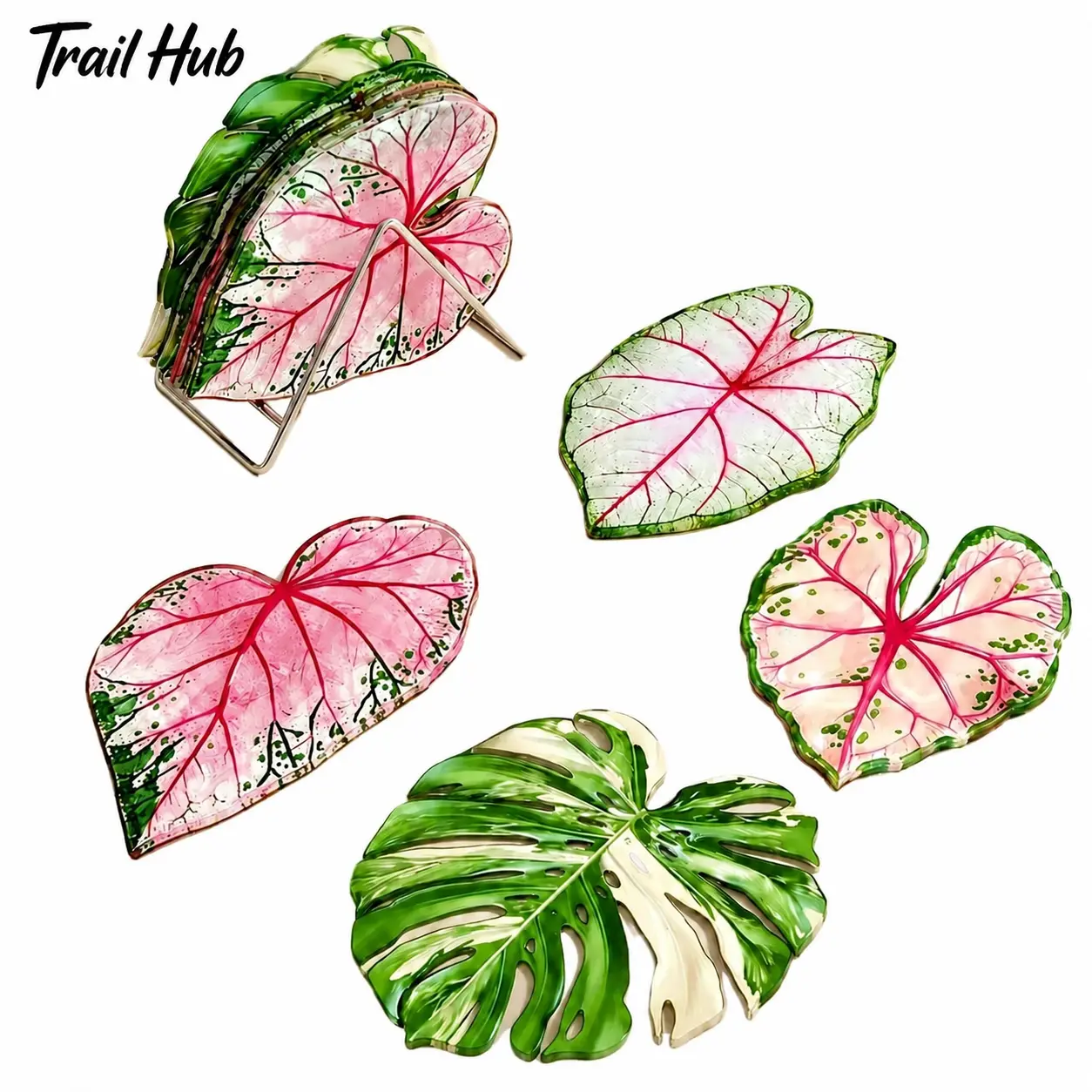 4-Piece Modern Tropical Botanical Acrylic Plastic Coasters - Waterproof, Heat-Resistant, Lightweight Set of Reusable Mats with Contemporary Look, Subtle Palm Leaf Motif, Smooth Matte Finish for Kitchen, Dining Table, Four Pieces