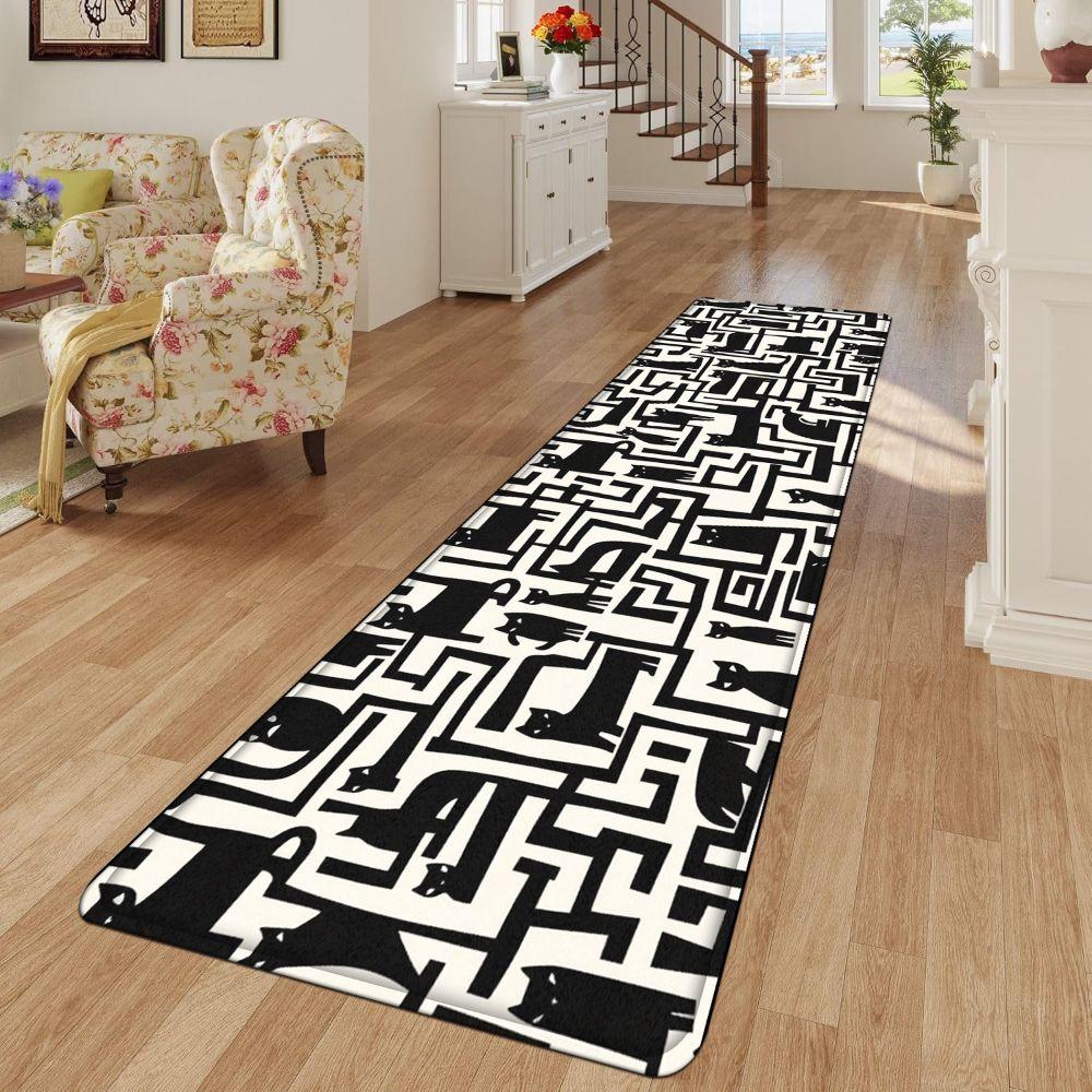 1PC， Black and White Geometric Maze Pattern strip rugs, home décor, bathroom mats, entryway mats, bathroom non-slip mats, indoor entrance rugs, bedroom bedside mats, kitchen mats, hallway rugs, flannel sponge rugs, hallway runner rugs