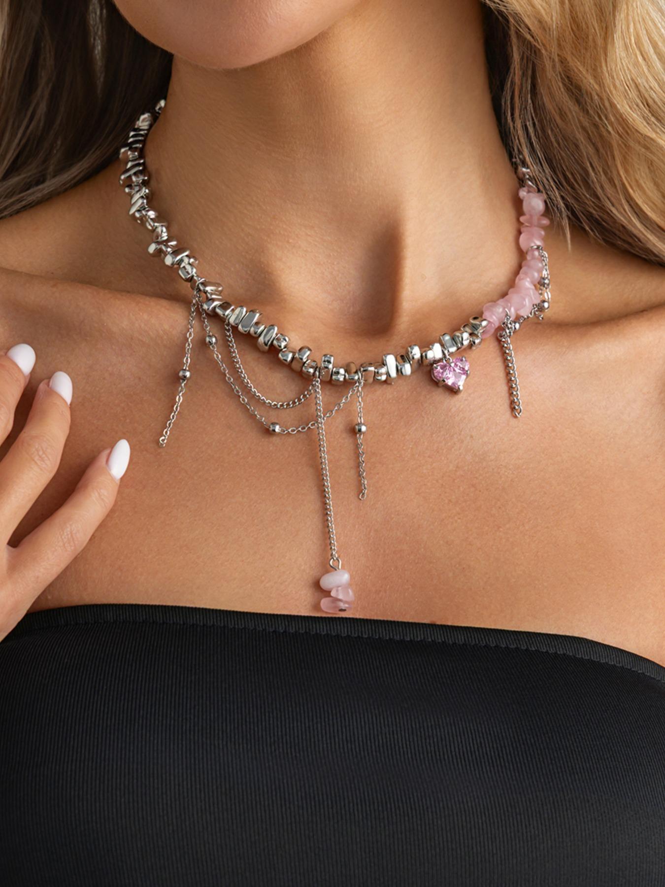 Vintage Acrylic Beaded Necklace, Gemstone Heart Pendant, Bohemian Fringe Necklace, Casual Style, Perfect for Daily Wear and Gifts