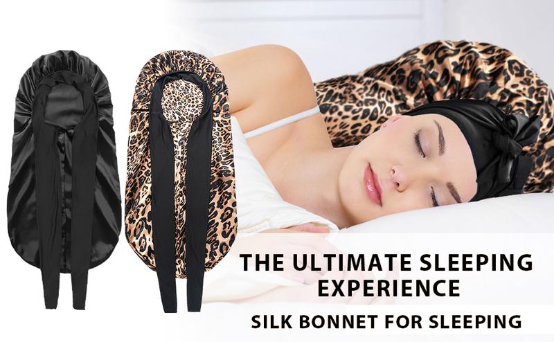2 Count Satin Braid Bonnet for Women - Large Silk Sleep Cap Braids Soft Elastic Multifunctional Hair Care Haircare Heatless (Black&Leopard Print)