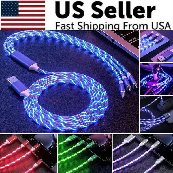 3-in-1 LED Light-Up Fast Charging Cable – Multi Charger Cord with Type C, Micro USB & Lightning Connectors, Universal Glowing Cable for Car, Travel & Office