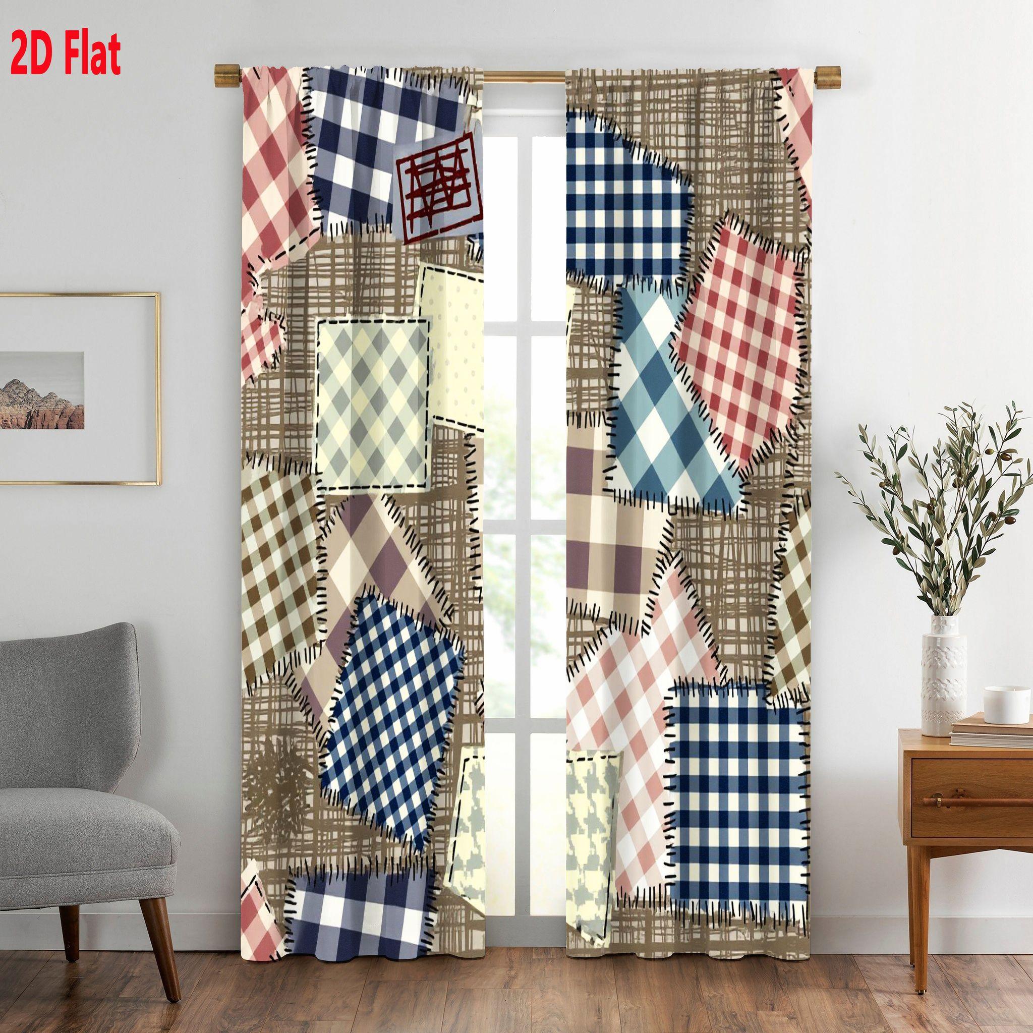 2D Flat Rustic Patchwork Checkered Curtain 2-Piece Set, Blue/Red/Brown/White Grid Patterns with Handmade Stitching, Light Yellow Subtle Gray Design Decor, Traditional Quilting Style Window Drapes for Living Room Bedroom