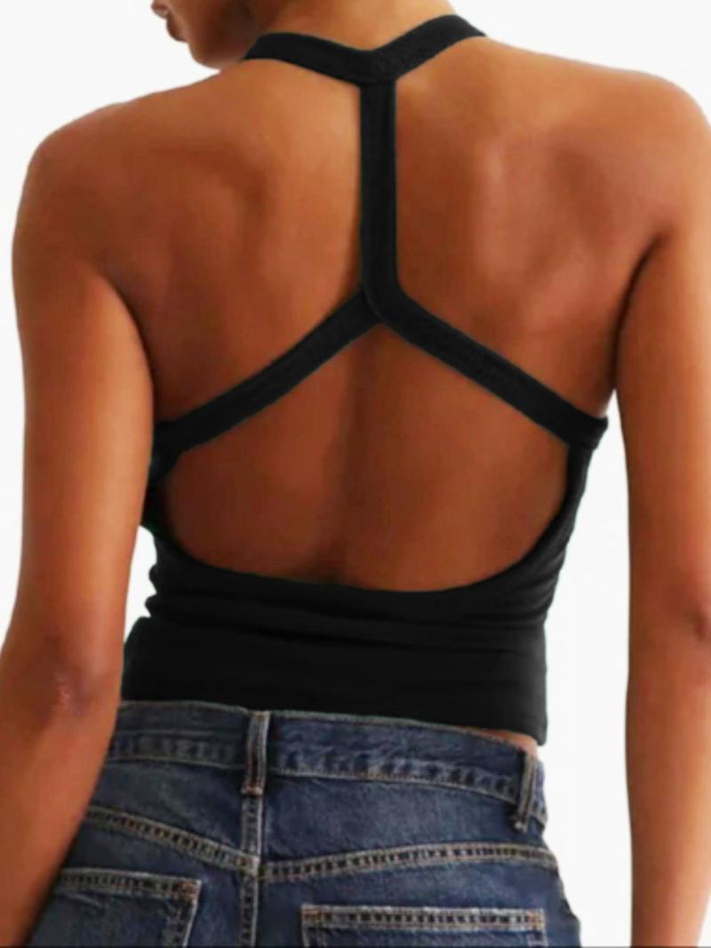 Backless Sleeveless Sports Bra Tank Top, Cross-Back Design, Comfortable Casual Wear, Daily Date, Slim-Fitting Short Style