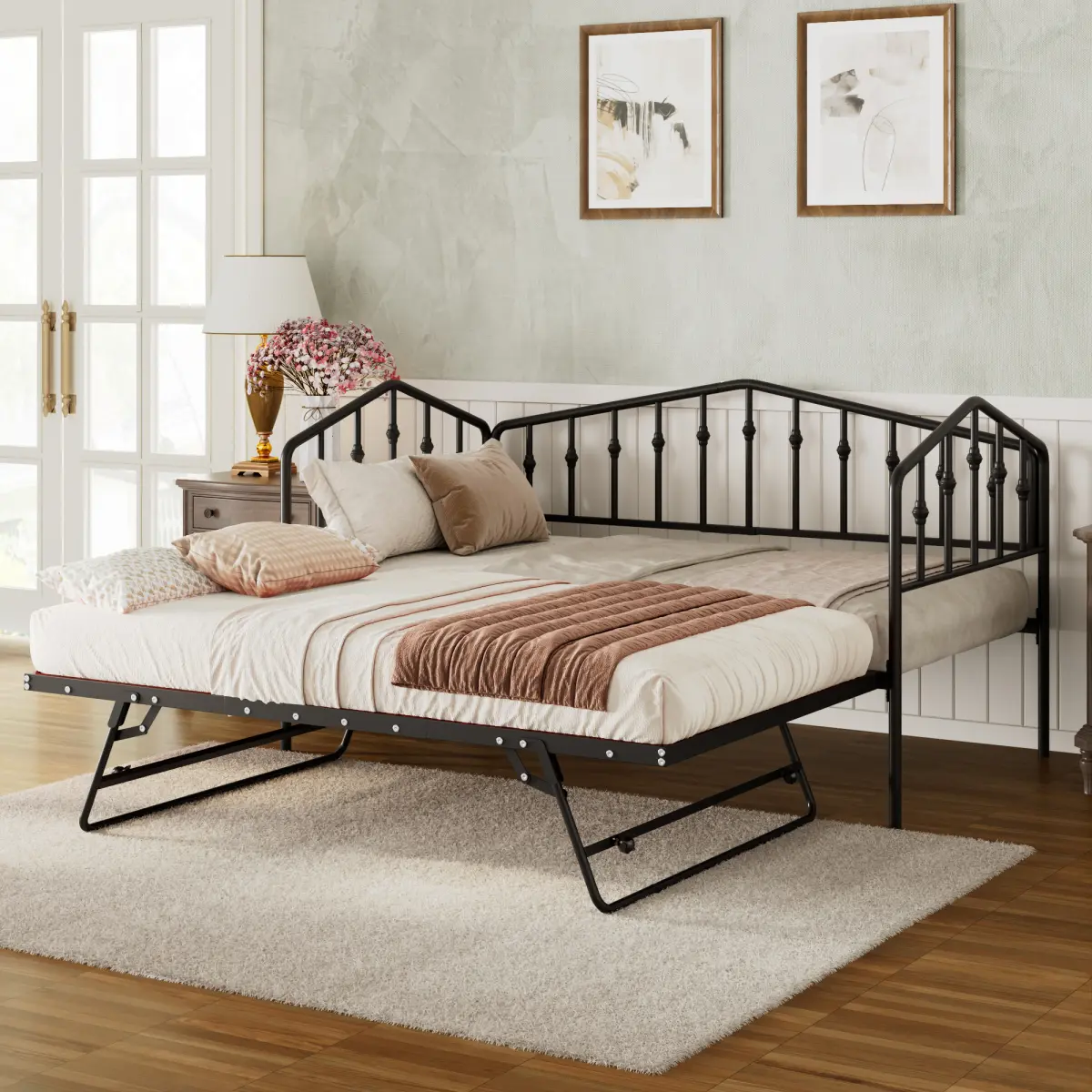 Twin Size Stylish Metal Daybed with Twin Size Adjustable Trundle, Portable Folding Trundle/Twin Size Stylish Metal Daybed with 2 Drawers