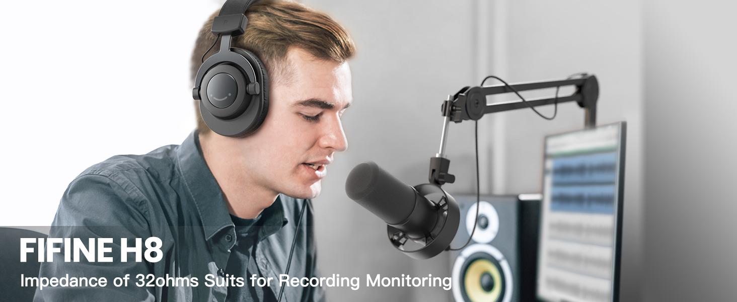 FIFINE Studio Monitor Headphones for Recording-Over Ear Wired Headphones for Podcast Monitoring, Streaming Comfortable Equipment with Detachable Cables 3.5mm or 6.35mm Jack, Black, on PC/Mixer- fifine H8