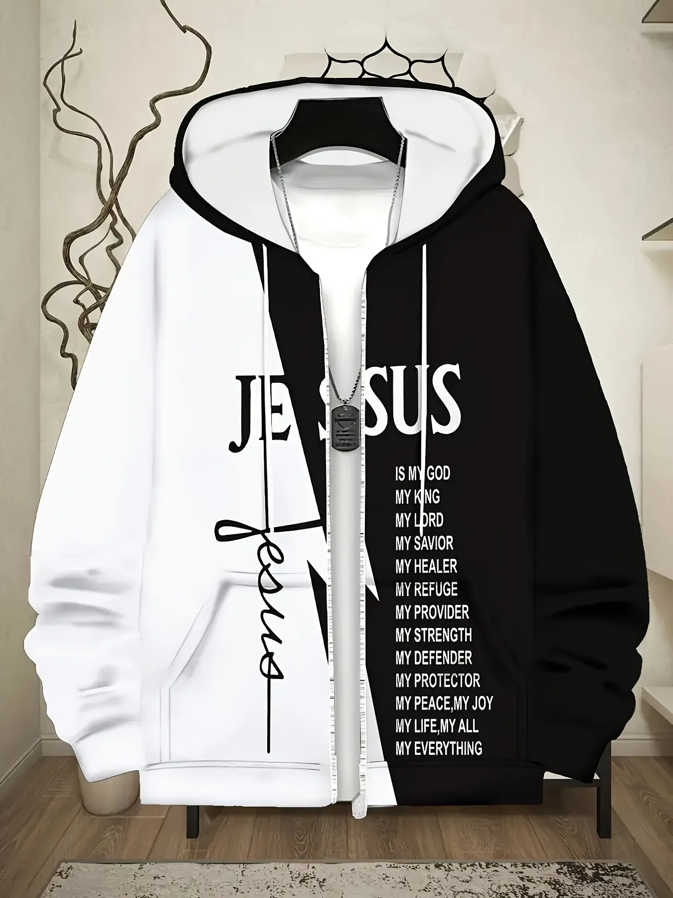 Men's Colorblock Zipper Hoodie, Inspirational Text Print Full-Zip Hooded Sweatshirt, Drawstring Pocket Casual Hooded Jacket, Streetwear