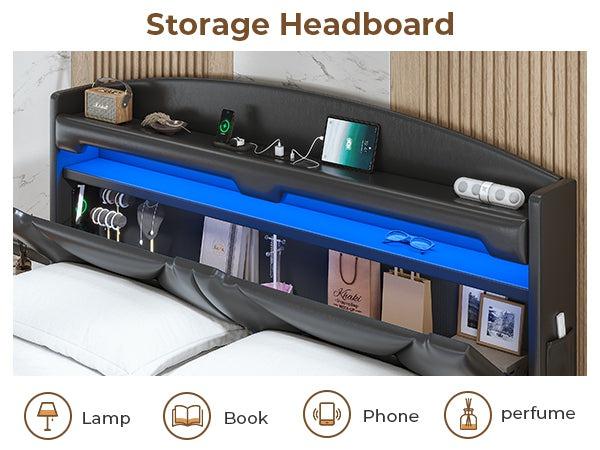 Sikaic RGB LED Floating Platform Bed Frame with Type-C Charging Station & Storage Headboard PU Black