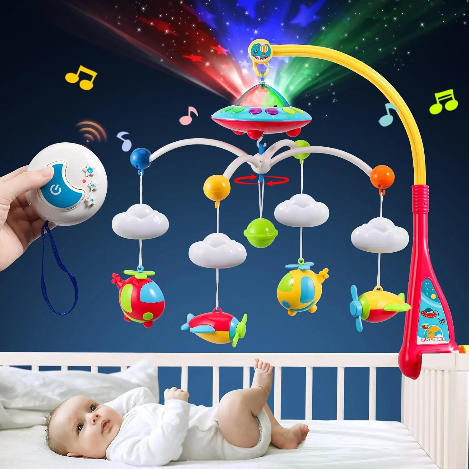 Baby Crib Mobile with Projector, Musical Crib Mobile for Newborn, Baby Mobile with Music, Remote Control, Rotating Hanging Rattles, 108 Melodies, Sleep Soother, Bed Bell Toy, Nursery Mobile for Infants, Baby Sleep Toy for Boys Girls, Baby Shower Gift, New