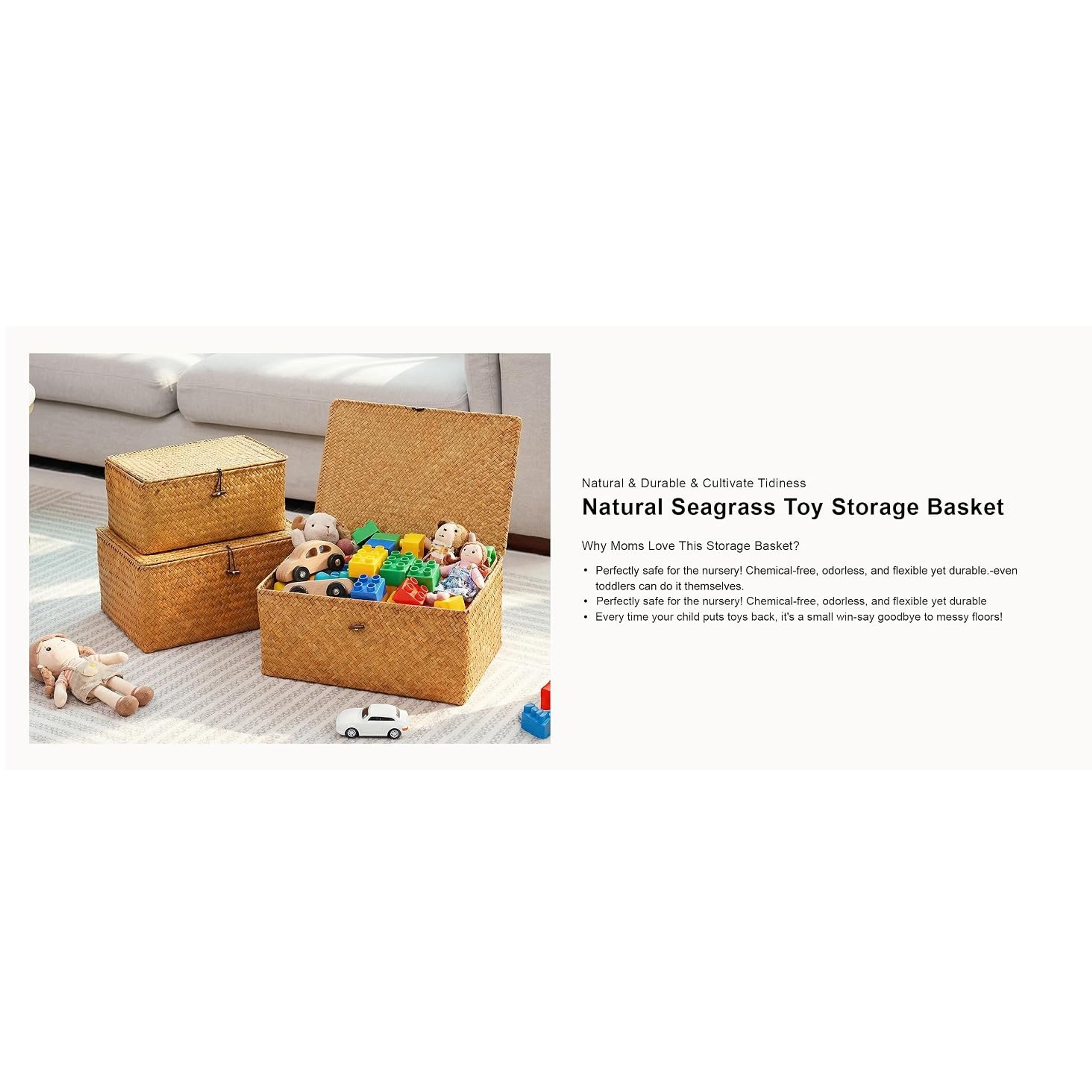 Natural Seagrass Storage Basket with Lid (Set of 3) - Rectangular Decorative Farmhouse Organiser, Multipurpose Home Storage Bin for Boho Decoration, Gift-Worthy Household Shelf Container Natural Seagrass Storage Basket with Lid (Set of 3) - Rectangular Decorative Farmhouse Organiser, Multipurpose Home Storage Bin for Boho Decoration, Gift-Worthy Household Shelf Container
