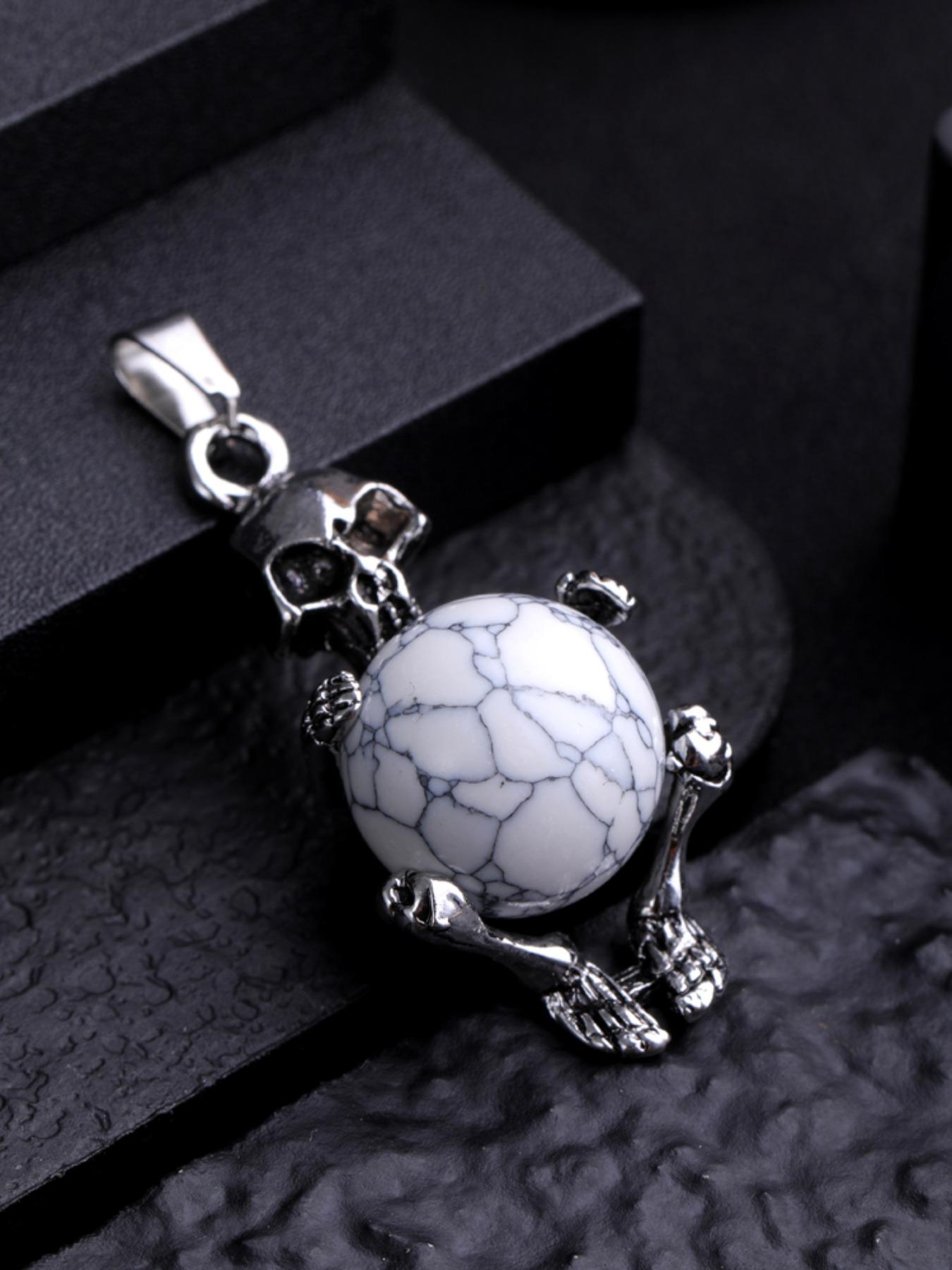 Natural Amethyst Round Bead Pendant Necklace, Bold Skull Design, Unique Fashion Accessory, Trendy European Style Jewelry