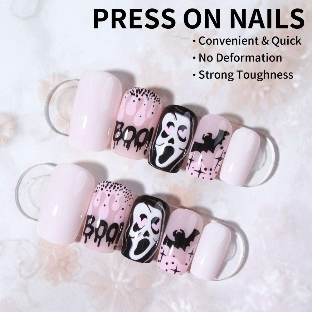 24pcs Halloween Nail Art Set, Ghost Bat Boo! Design, Glossy Finish, Medium Oval Shape, Easy Peel-Off, Perfect for Parties & Festivals