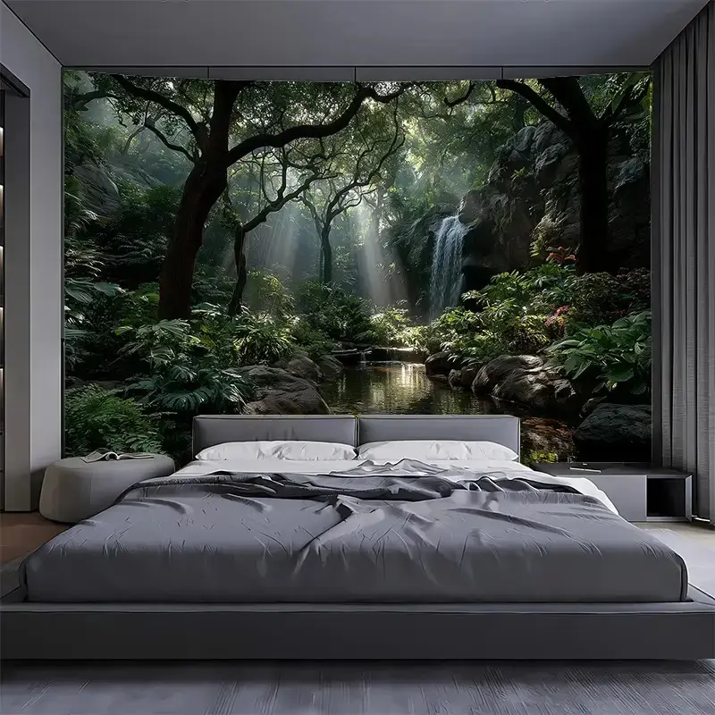 Tropical Forest Tapestry - Jungle Landscape Wall Hanging with Waterfall, Sunlight & Greenery - Photography Backdrop for Living Room, Bedroom, Office, Party Decor - No Installation Needed - Birthday or Housewarming Gift - Nature-Themed Home
