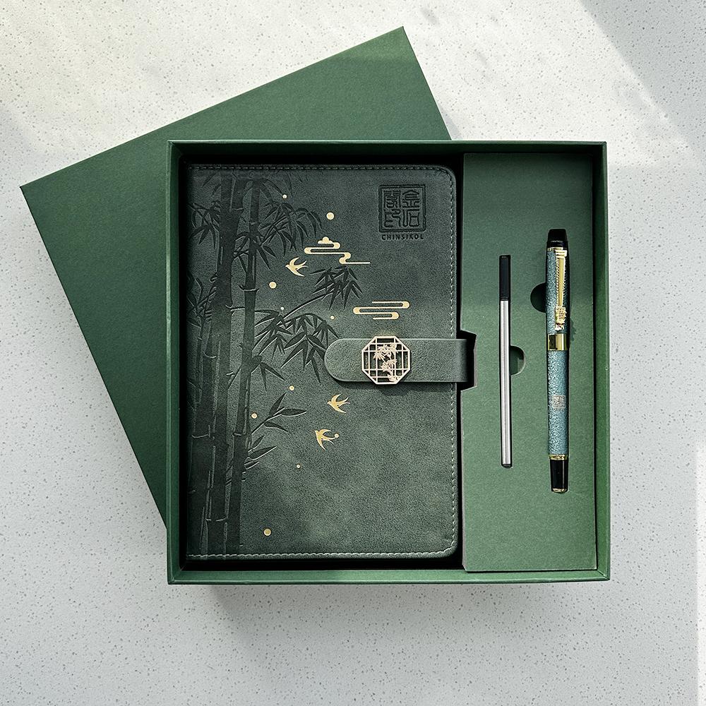 Chinsikol Gift Box Set, Chinese Style Notebooks with Metal Pen and Replacement Refills, Bamboo Pattern, Office Meeting Notes, Study Journals, Portable Notebook