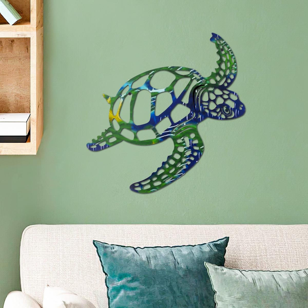 Modern Creative Iron Turtle Wall Decor, Colorful Painted Art Lines Design, Bathroom Beach Wall Tropical Ocean Wind Hanging Decoration, Modern Home Decoration