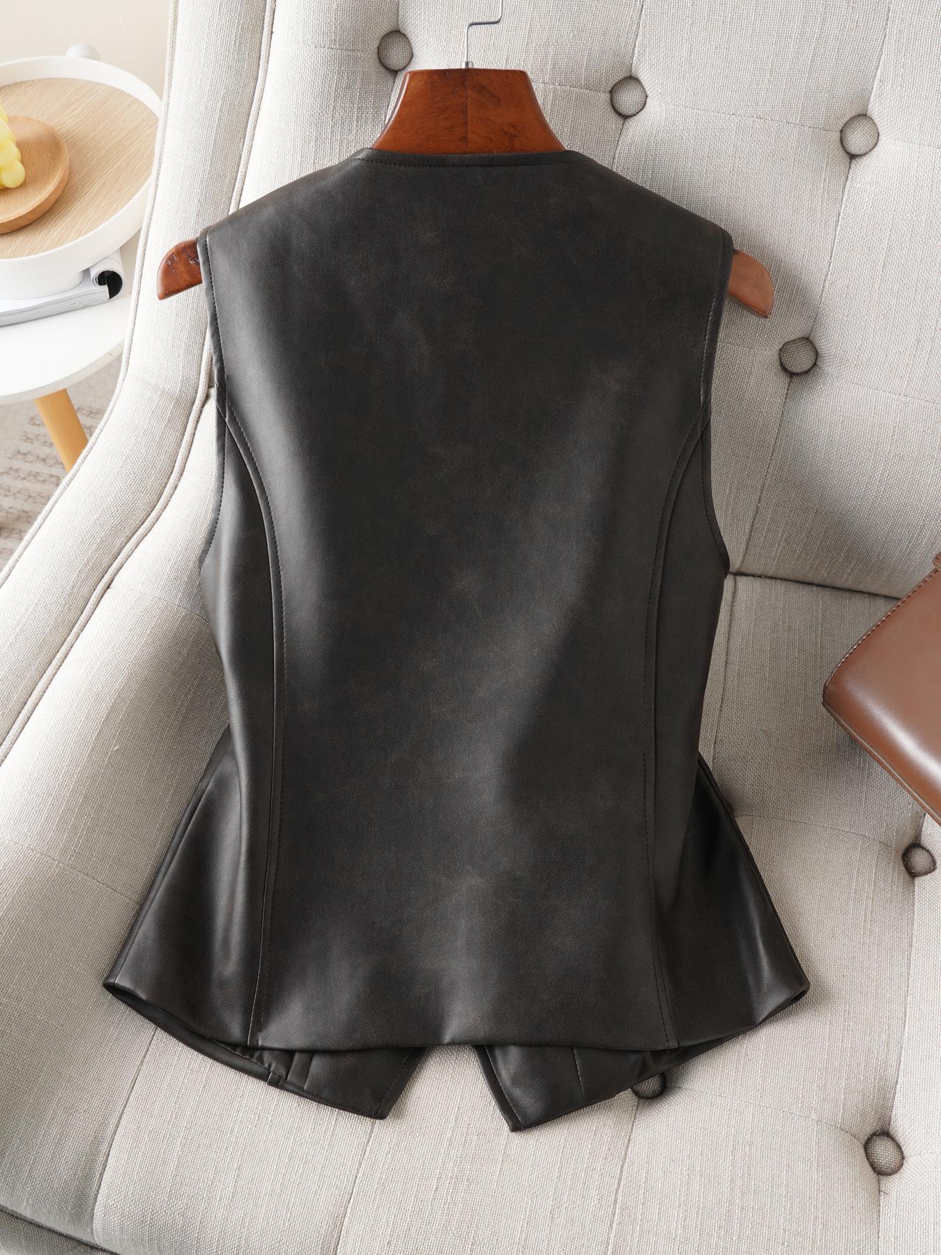 Women's Solid Color Button Front Pu Leather Vest, Fashion Casual V Neck Outerwear for Work Office Business, Ladies Spring & Fall Clothes