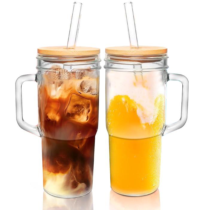 24oz Mason Jar with Handle-Glass Tumbler with Lid and Straw Wide Mouth Reusable Drinking Glasses,Valentines Gifts for Her,Gifts for Women,Boba Cup Smoothie Tumbler Iced Coffee Cup Travel Mug,Glass Bottles, 24oz Mason Jar with Handle-Glass Tumbler with Lid and Straw Wide Mouth Reusable Drinking Glasses,Valentines Gifts for Her,Gifts for Women,Boba Cup Smoothie Tumbler Iced Coffee Cup Travel Mug,Glass Bottles,