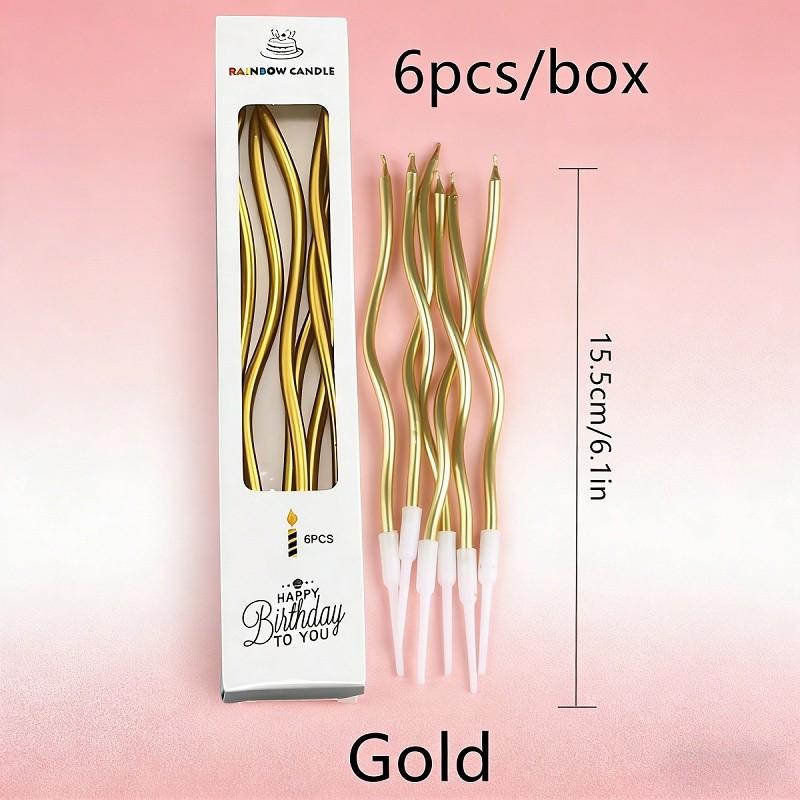 6Pcs/Box Spiral Twisted Birthday Cake Candles - Curved Gold/Silver Metallic Cake Toppers, Elegant Arch Candles for Birthdays, Weddings, Festivals & Party Decorations