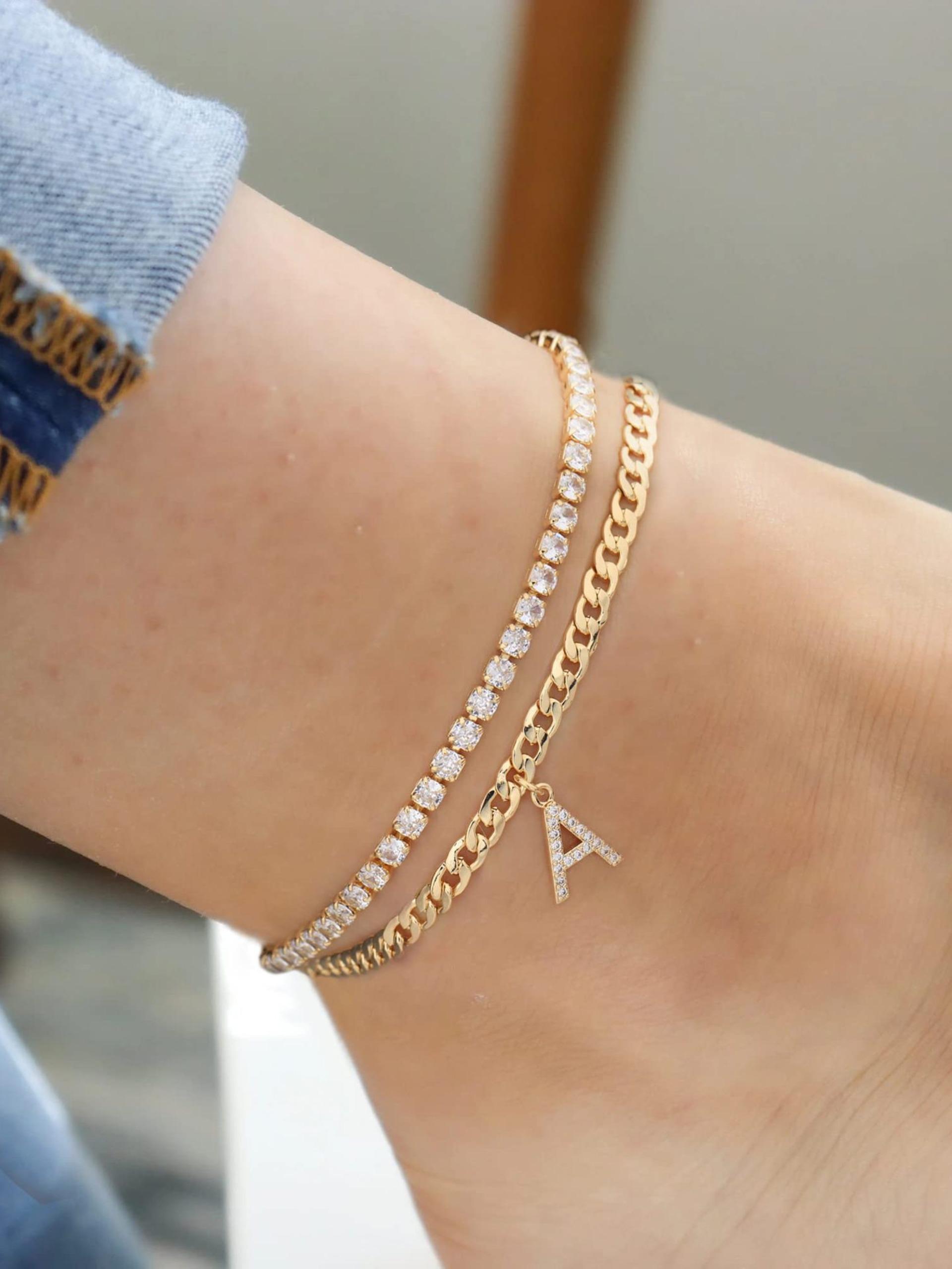 2-Piece Initial Letter Ankle Bracelet Set, Boho Style, Adjustable, Hypoallergenic, Waterproof, Fashionable Jewelry for Girls