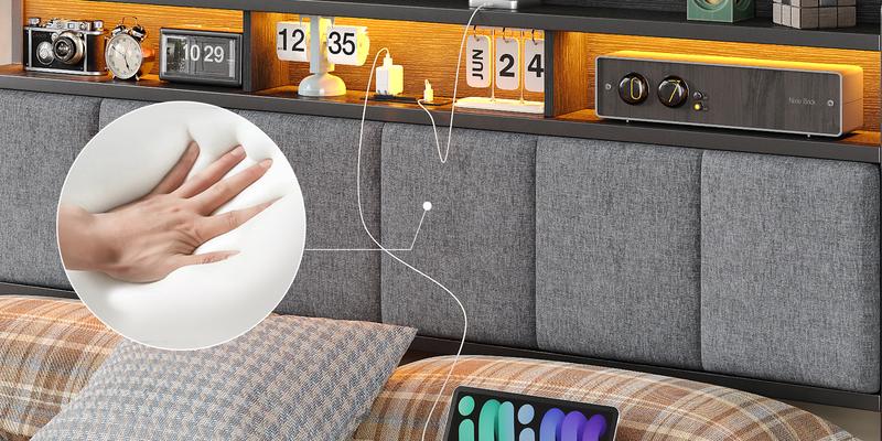 FUSOU RGB LED Headboard Bed with Charging Station, [FRAME ONLY NO MATTRESS], Upholstered Platform Bed Frame with 2 Storage Drawers, 2 USB & 2 AC Outlets, No Box Spring Needed, Black, Full Size ,Queen Size