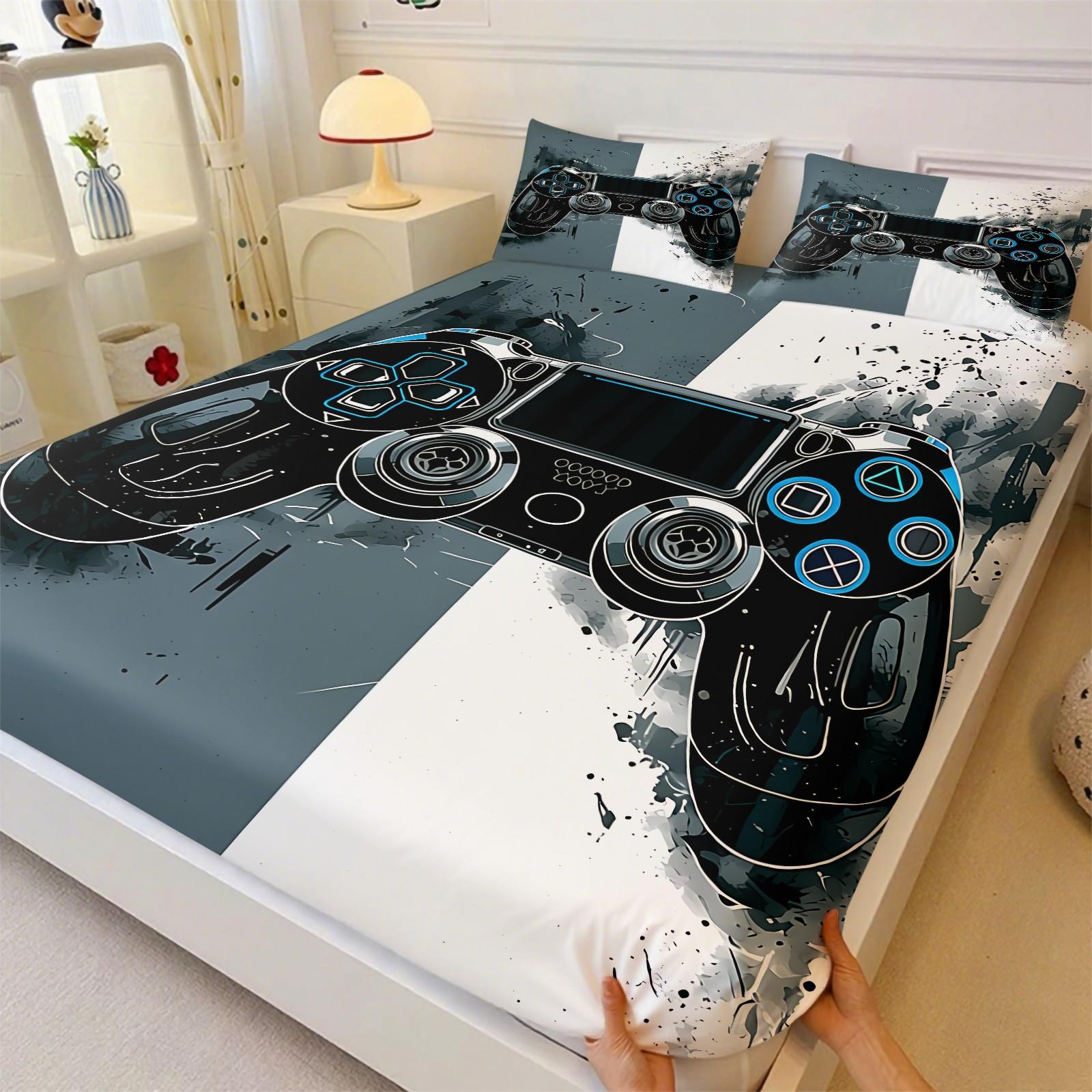 3pcs Gaming Controller Fitted Sheet Set, Video Game Console Bed Sheet Set, Soft Microfiber Bedding Set (No Fillers), Cool Gamer Room Mattress Cover for Boys & Teens Bedroom