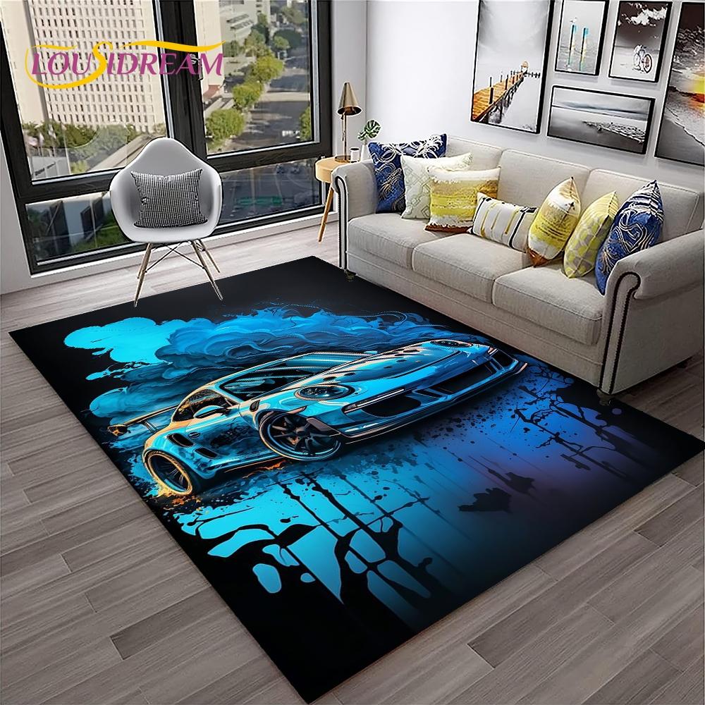 Blue Sports Car Flannel Area Rug - Cool Graffiti Style Supercar Print Soft Mat for Living Room & Garage, Non-Slip Car Enthusiast Home Decor#SportsCarRug #GraffitiSupercarMat #CarEnthusiastDecor #GarageCarpet #NonSlipFlannelRug