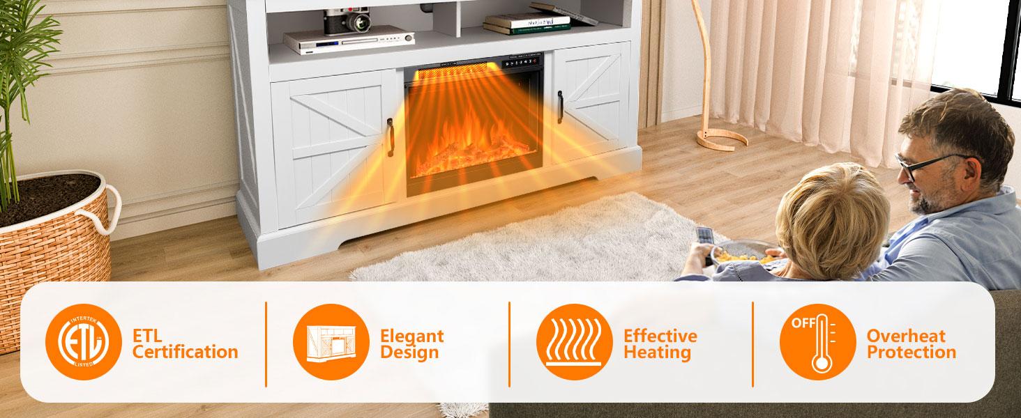 COWSAR Electric Fireplace TV Stand for TVs up to 70", Free Standing 23'' Fireplace Heater with Remote Control, Modern Farmhouse Entertainment Stand for Living Room