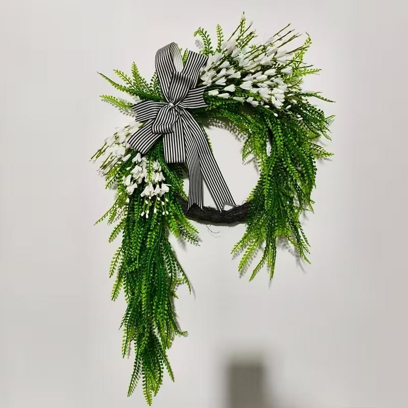 Spring Summer Front Door Decorative Wreath, Realistic Bell Flower Drip Tear Drop Door Knocker, Striped Bow, Plant Woven Wreath