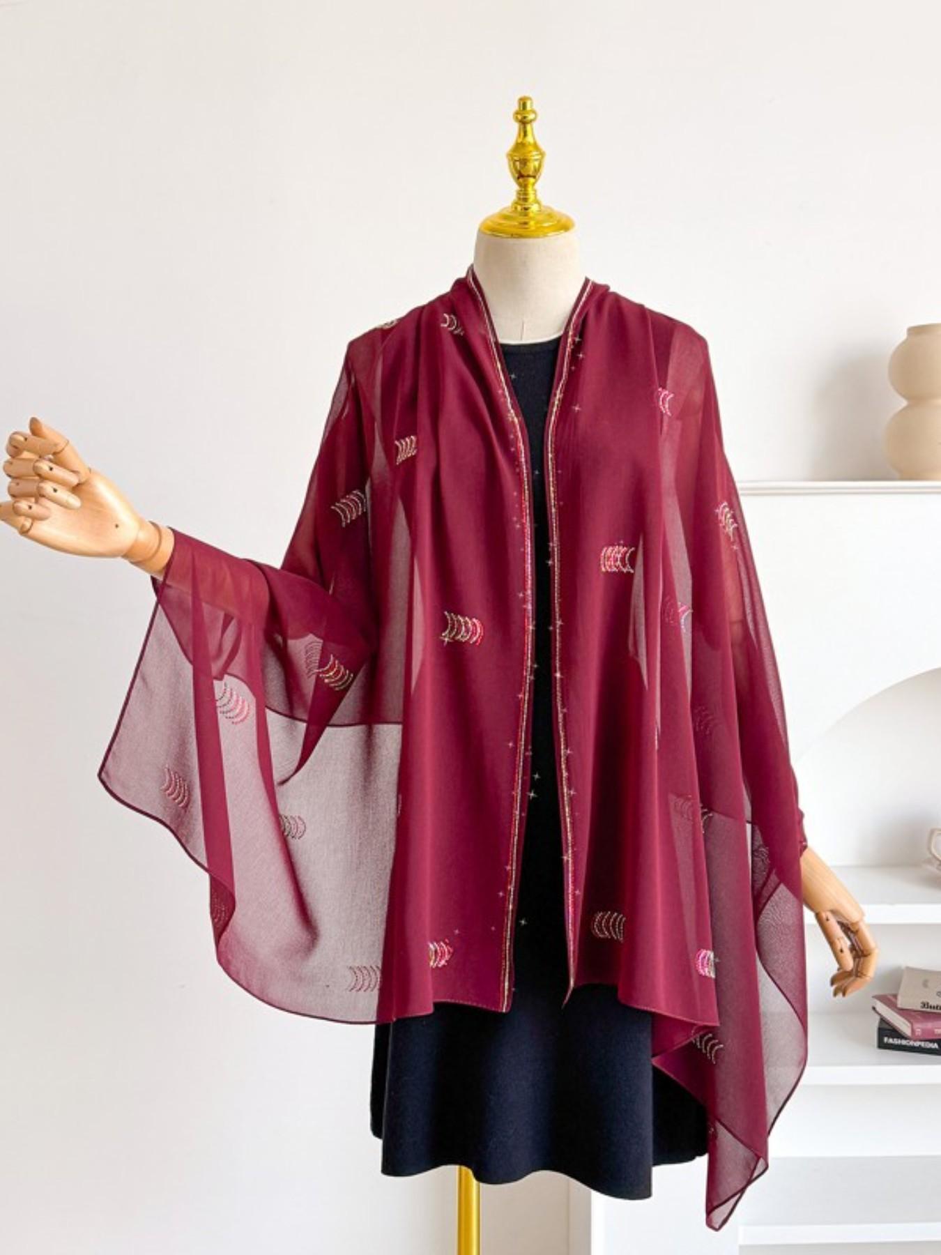 Single Piece Multi-Functional Plain Color New Arcuate Rhinestone Chiffon Long Scarf, Pearl Embellished Sun Protection Shawl, Ethnic Headscarf