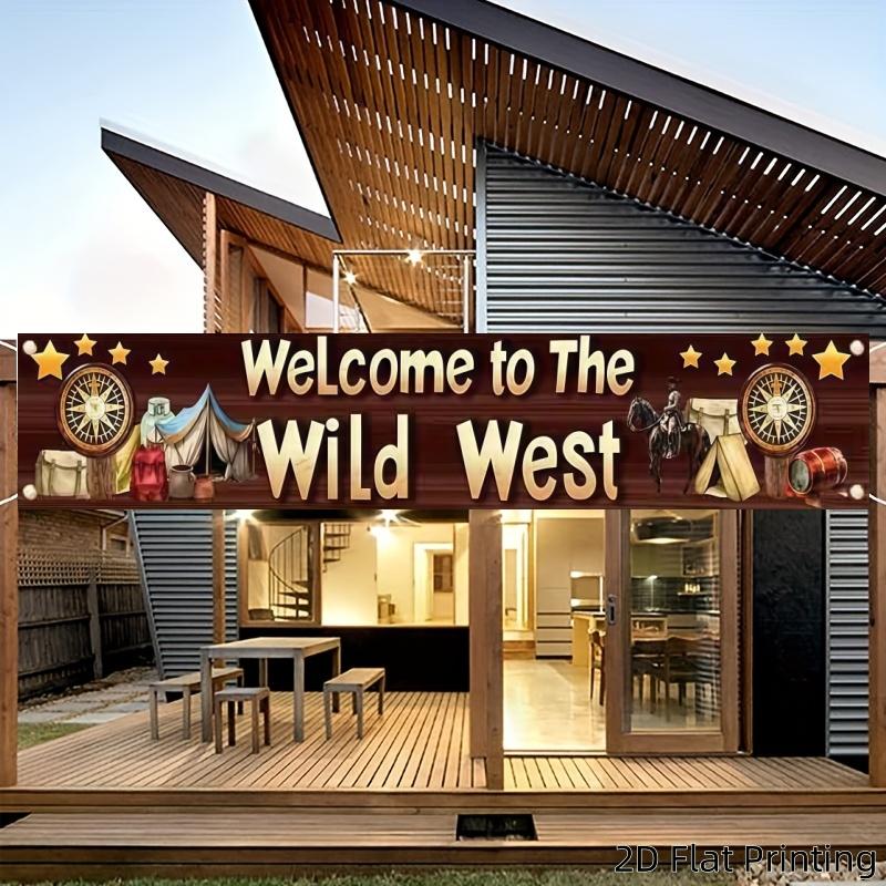 2DFlat1pc Western Cowboy Style Themed Banner Backdrop, With Vintage Wood Texture, Cowboy Tent & Compass Elements, Ideal for Western Themed Party, Cowboy Birthday, Camping Themed Event, Retro Tavern Decoration, Also as Wall Hanging or Photo Background,