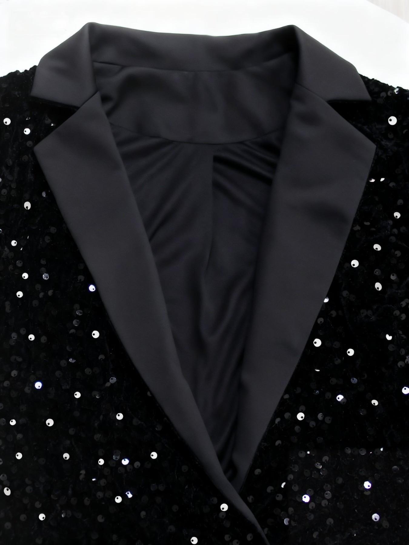 Women's Fashion Elegant Sequin Blazer Coat, Spring Fall Chic Satin Collar Loose Fit Slimming Streetwear Suit Top, Stylish Outerwear