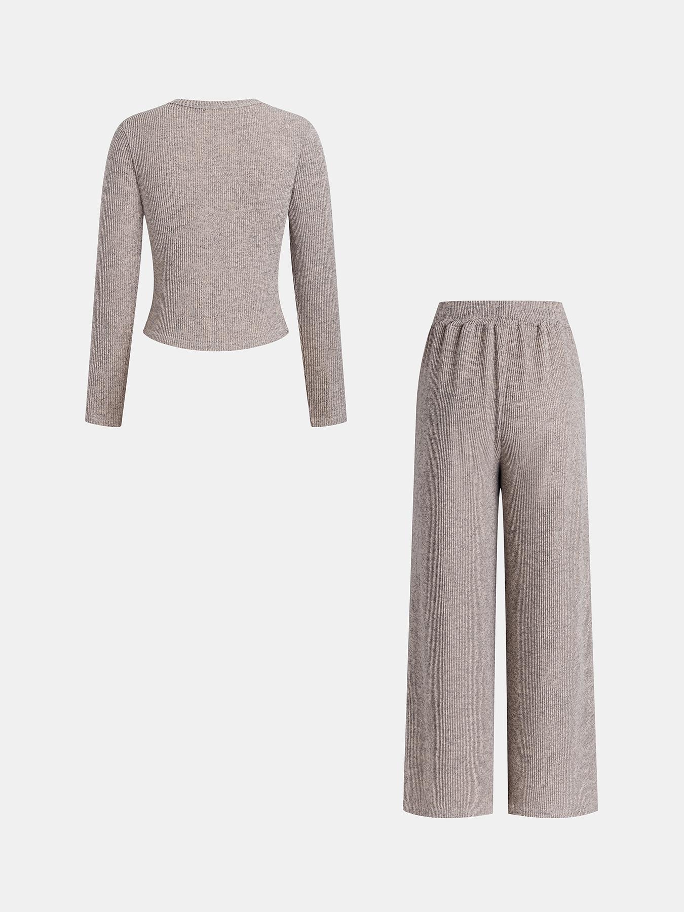 Women's Autumn Winter 2-Piece Set, Casual Aesthetic Round Neck Knitted Cardigan with Buttons & Loose-Fit Pants