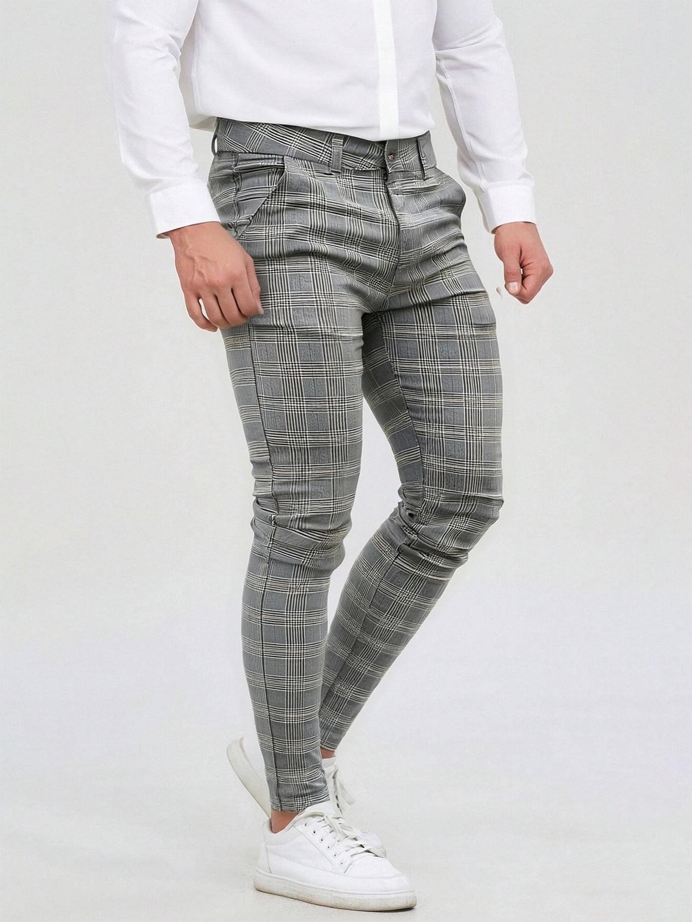 All-Season Men's Plaid Checked Slim Fit Dress Pants, British Style Skinny Tapered Casual Trousers, Wrinkle Resistant Stretch Business Pants with Center Crease, Plaid Suit Pants for Office / Daily Wear, Business Fashion Pants