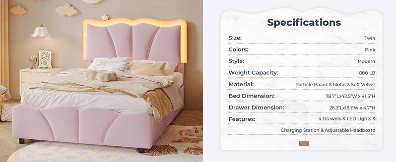 Sikaic Upholstered Platform Led Bed Frame with USB Ports Drawers Pink Furniture Corner Headboard Bedroom Set Bedframe