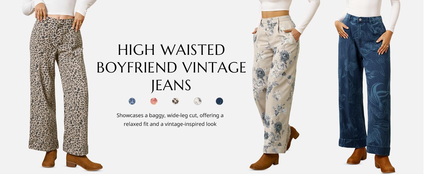 FMEYOA Women's Floral Baggy Wide Leg Jeans Casual High Waisted Boyfriend Vintage Boho Denim Pants with Pockets